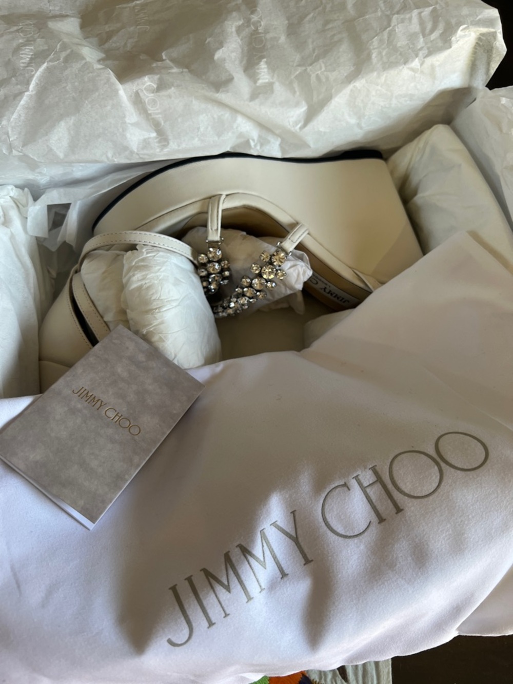 Jimmy Choo Ivory Crystal-Strap Wedge Sandals with Ankle Tie - Picture 4 of 4